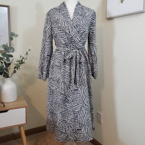 A New Day Black + White Wrap Midi Dress with Adjustable Tie Belt - Picture 2 of 12